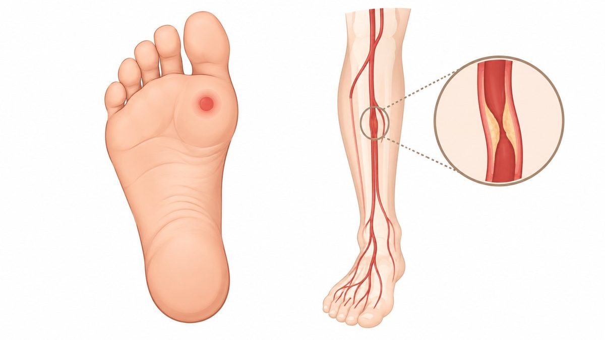 발바닥 앞쪽의 작은 상처(당뇨발)와, 다리 혈관이 좁아져 피가 잘 통하지 않는 모습을 그린 그림