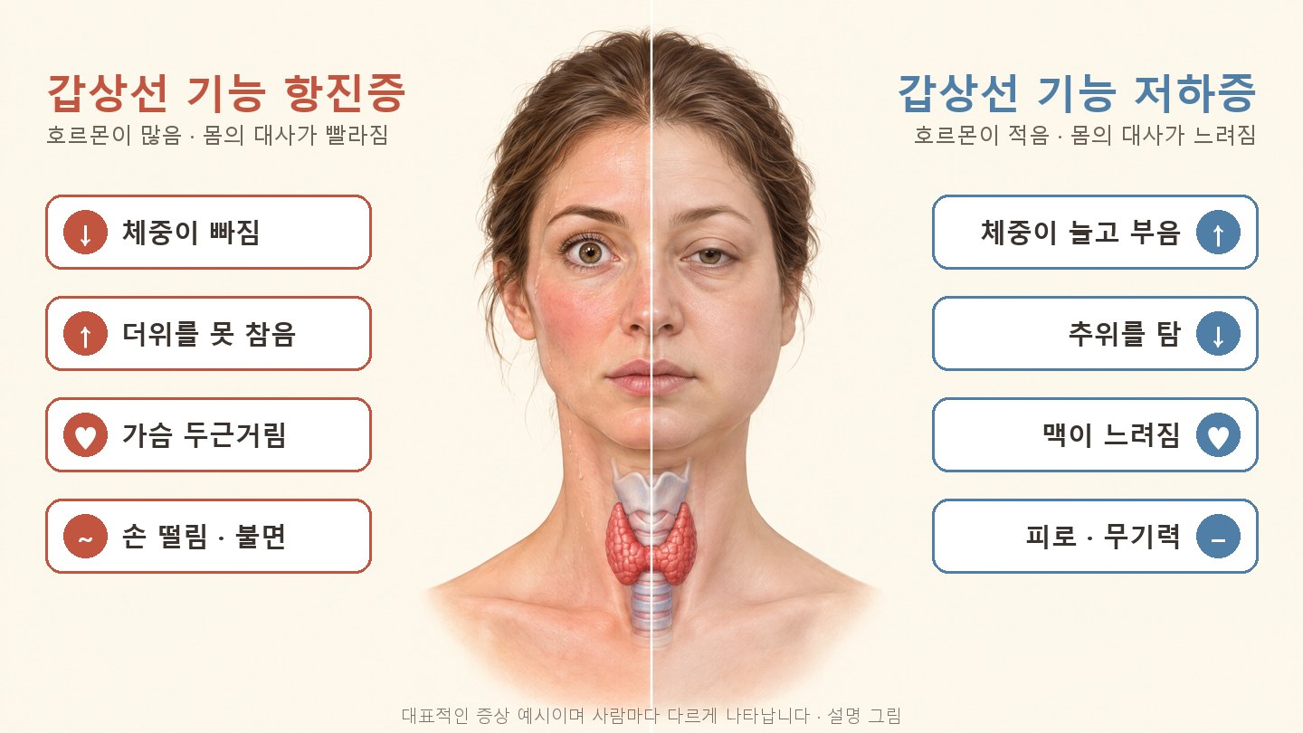갑상선 기능 항진증과 저하증의 대표 증상을 얼굴 반쪽씩 비교한 그림. 항진증(호르몬이 많음, 대사가 빨라짐): 체중이 빠짐, 더위를 못 참음, 가슴 두근거림, 손 떨림 · 불면. 저하증(호르몬이 적음, 대사가 느려짐): 체중이 늘고 부음, 추위를 탐, 맥이 느려짐, 피로 · 무기력. 목 앞에 나비 모양 갑상선