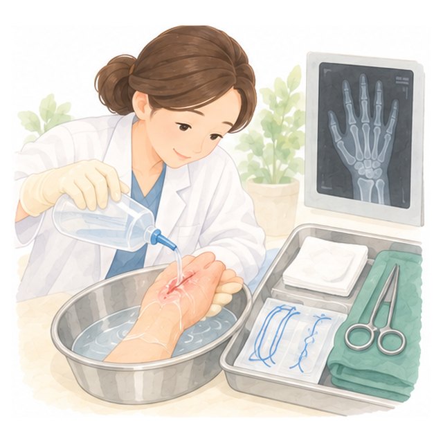 다친 당일 · 세척과 봉합 장면 그림